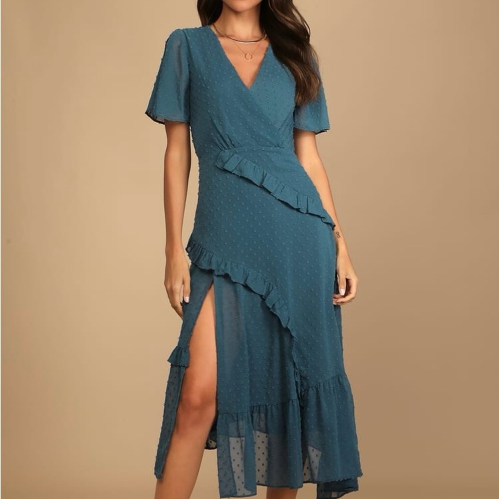 Lulus Next to You Slate Blue Swiss Dot Ruffled Midi Dress